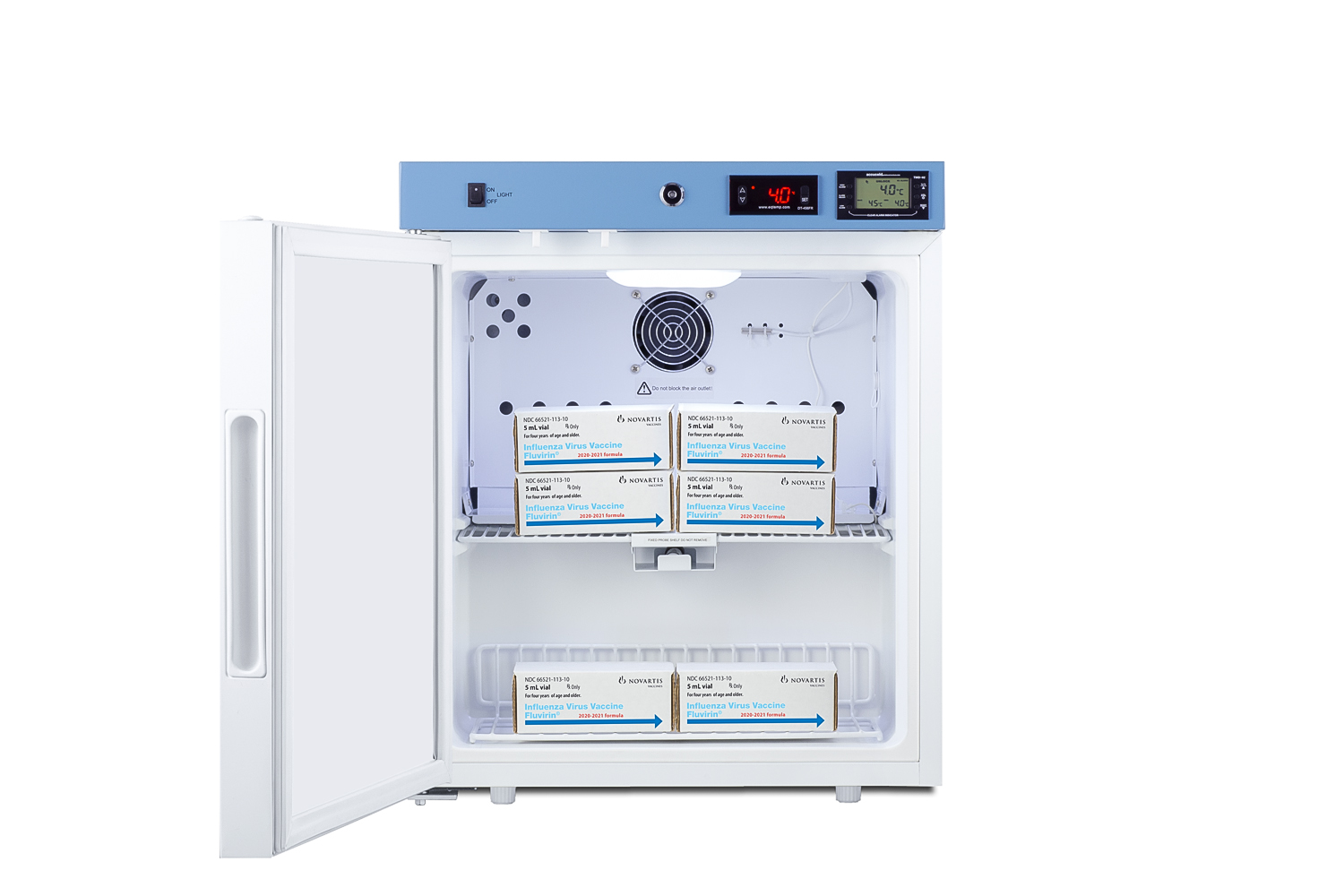 Compact healthcare all-refrigerator with self-closing glass door, front lock, digital controls, and external temperature readout
